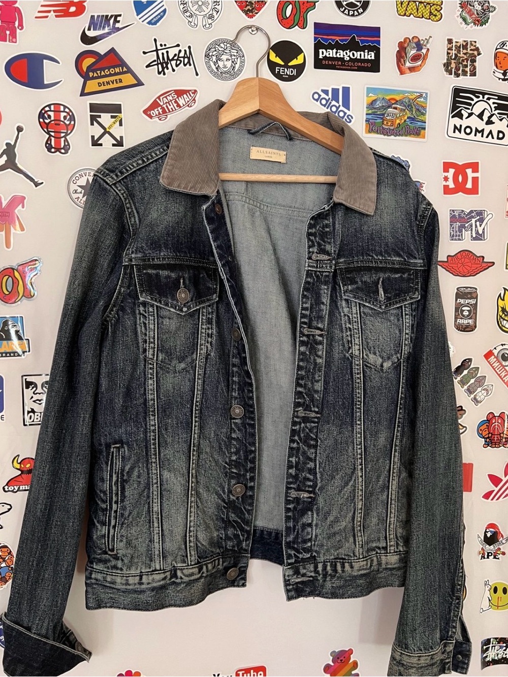 All Saints Black Washed Denim Jacket with Tan Corduroy Collar